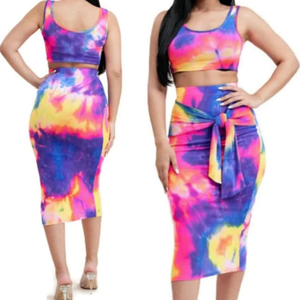 Kalissa Neon Tie Dye Fuchsia Crop Tank Top Midi Skirt 2 Piece Set